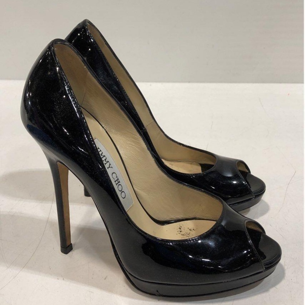 Women’s Jimmy Choo Black Patent Peep-Toe Platform Pumps Heels Size 36